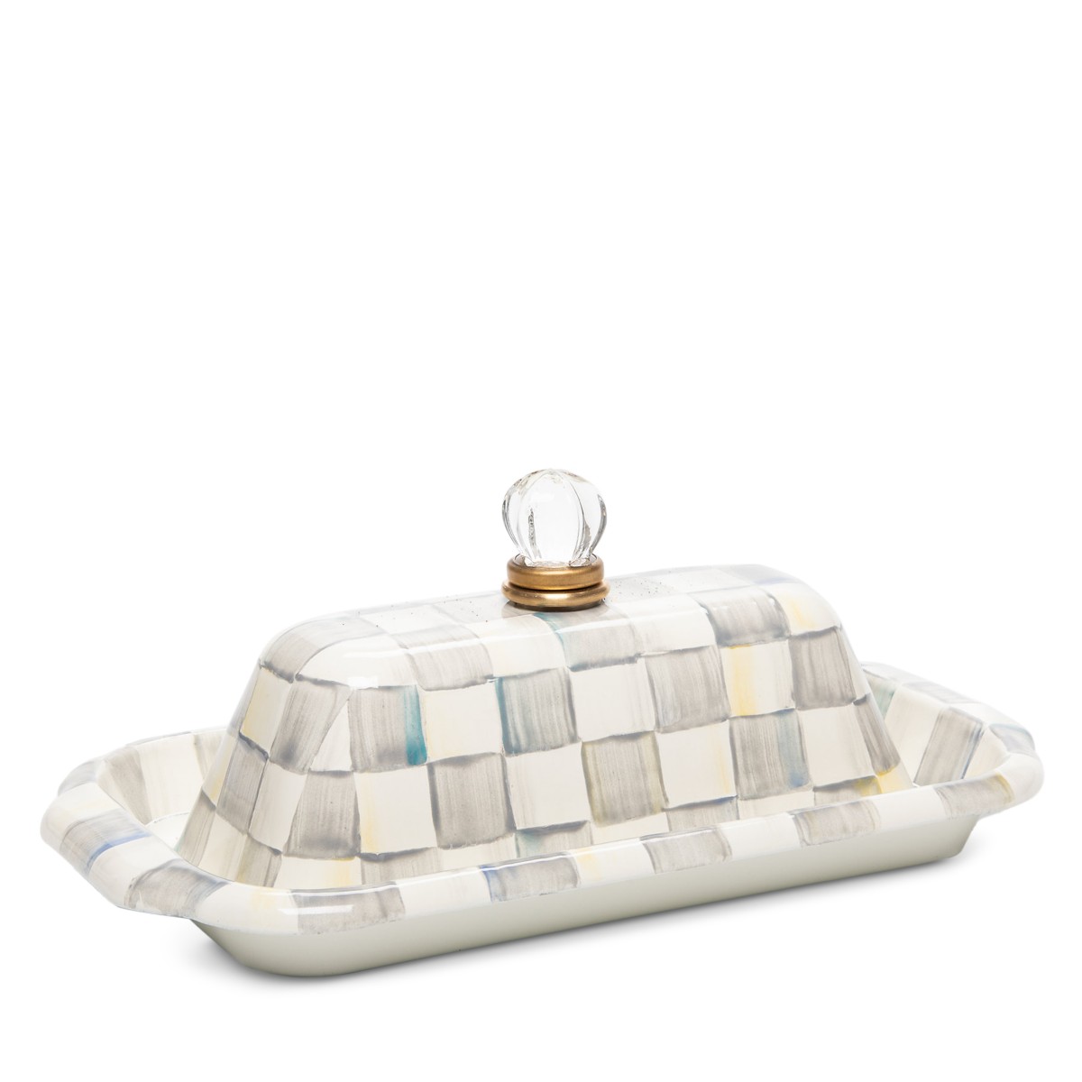 Mackenzie-childs Mackenzie-Childs Sterling Check Enamel Lidded Butter Box in Gray/White