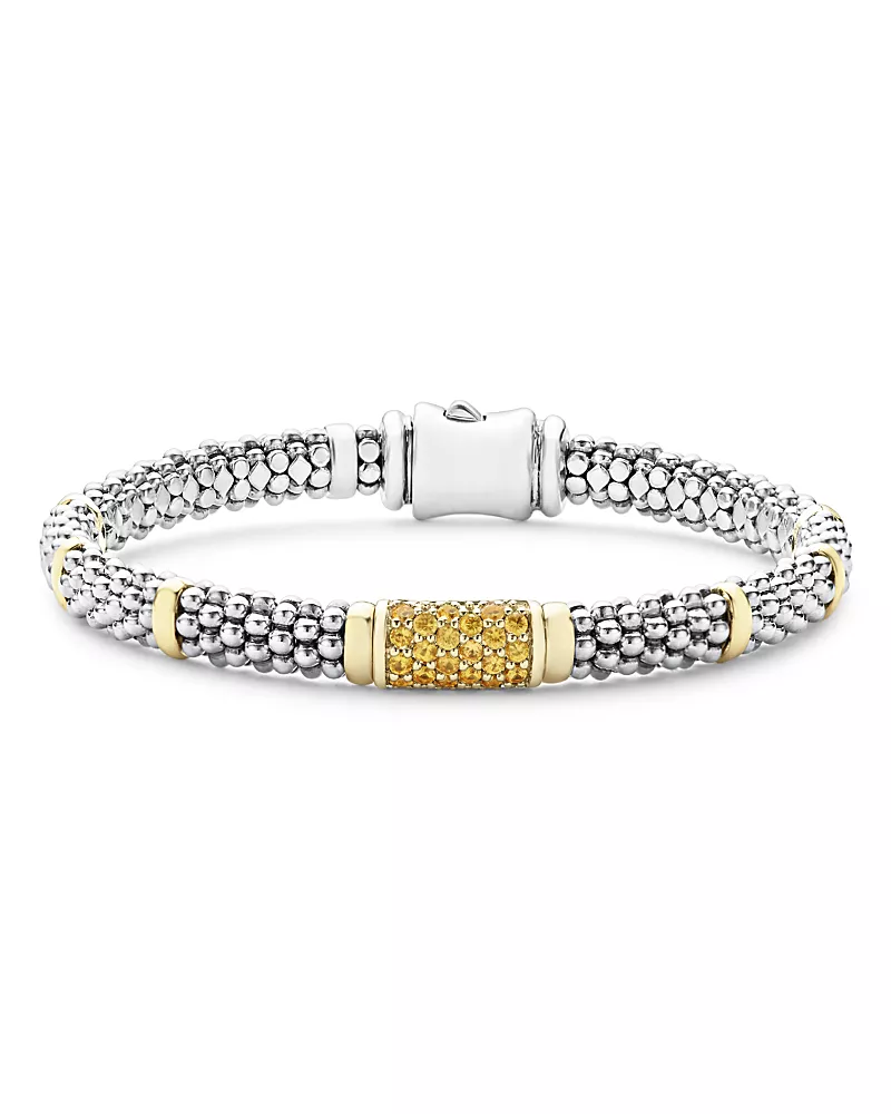 Lagos Sterling Silver & 18K Gold Signature Caviar Yellow Sapphire Station Bracelet