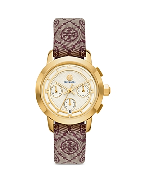 Tory Burch The Tory Chronograph Watch With Claret Red Jacquard And Leather Strap In Cream/red