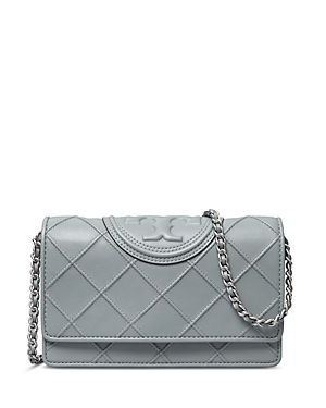 Tory Burch Fleming Soft Leather Wallet On A Chain In Blue Clay/brass