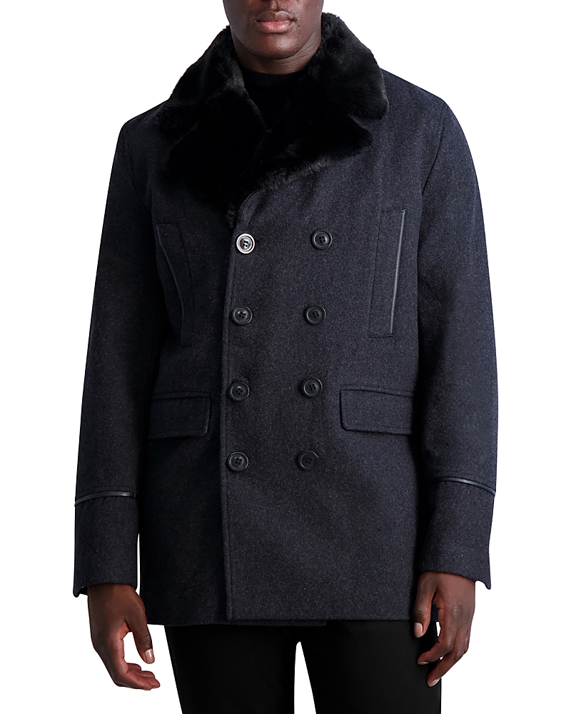 Karl Lagerfeld Wool Blend Peacoat With Faux Fur Collar In Charcoal/black
