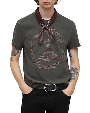 JOHN VARVATOS DISTORTED PEACE COTTON EMBROIDERED GRAPHIC RAW EDGE TEE