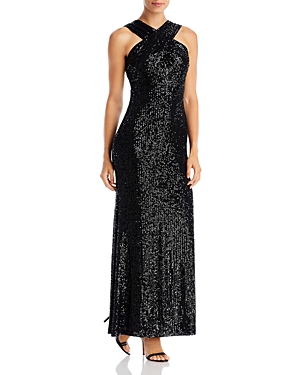 Eliza J Women's Sequined Crossover-neck Gown In Black