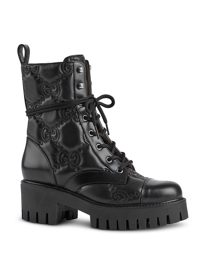 Gucci Women's Quilted-Logo Leather Combat Boots - Nero - Size 5