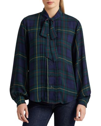 Tie Neck Plaid Shirt