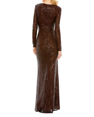 Sequined Long Sleeve Faux Wrap Ruched Gown