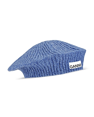 Ganni Structured Rib Knit Wool Blend Beret In Blue