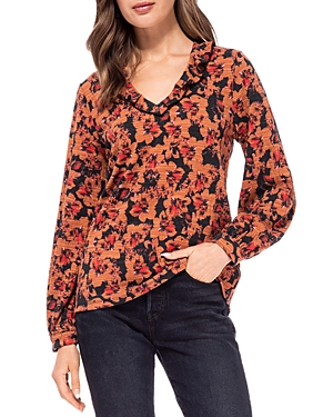 B Collection By Bobeau Printed Ruffled V Neck Top In Rust Floral