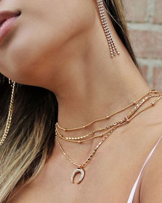 Layered Chain &amp; Horn Pendant Necklace in 18K Gold Plate, 14&amp;quot;