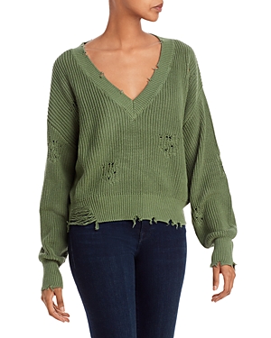 Ser.o.ya Syd Distressed Cotton V Neck Sweater In Olive