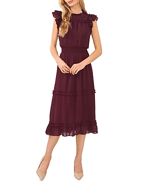 Cece Ruffled Swiss Dot Midi Dress In Rich Cabernet