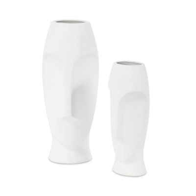 Howard Elliott - Abstract Faces Matte White Ceramic Vase, Set of 2