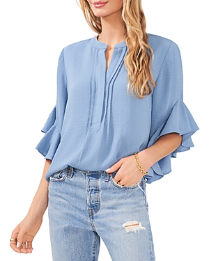 Vince Camuto Womens Ruffle Sleeve Split Neck Blouse In Blue Shadow