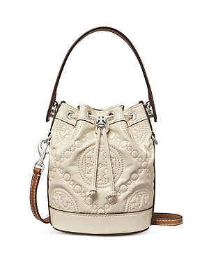 Tory Burch T Monogram Mini Embroidered Patent Leather Bucket Bag