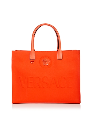 Versace La Medusa Canvas Tote Bag In Orange/ Gold
