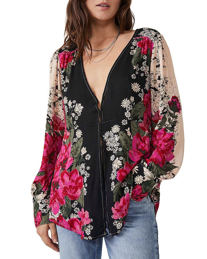 Free People, Tops, Free People Run Free Floral Print Long Sleeve Blouse  Size Small Bust Tie