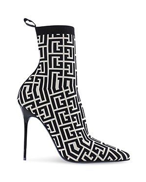 Balmain Women's Skye Pointed Toe Knit High Booties In Ivory/black