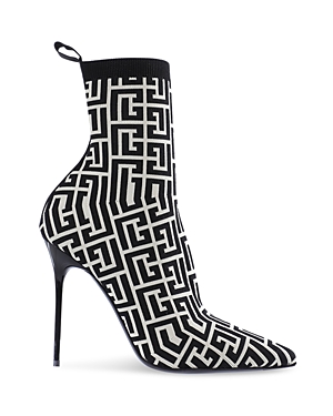 Shop Balmain Women's Skye Pointed Toe Knit High Booties In Ivory/black