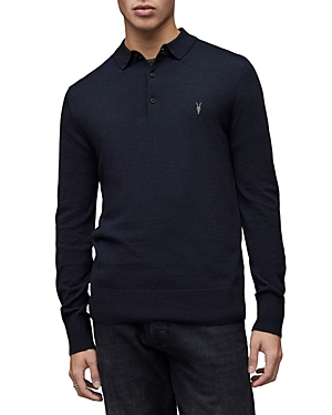 Allsaints Mode Merino Wool Solid Long Sleeve Polo Shirt In Deep Blue