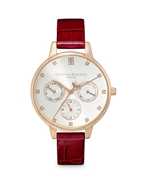 Shop Olivia Burton Multifunction Leather Strap Chronograph Watch, 34mm In Red