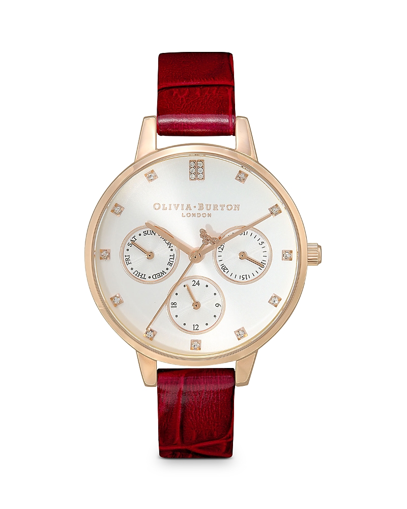 Olivia Burton Women's Multifunction Burgundy Leather Strap Watch 34mm In Red