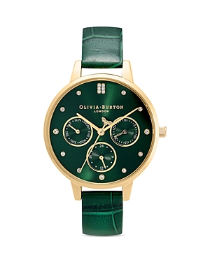 Shop Olivia Burton Multifunction Leather Strap Chronograph Watch, 34mm In Green