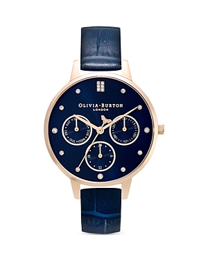 Shop Olivia Burton Multifunction Leather Strap Chronograph Watch, 34mm In Blue