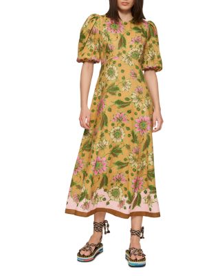 chinese dress ladies Floral Lattice Linen Blend Blue Midi Dress