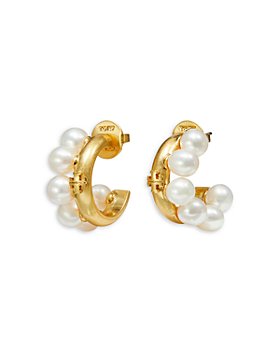 Tory Burch - Kira Cultured Freshwater Pearl C Hoop Earrings in 18K Gold Plated