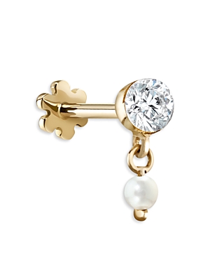 Shop Maria Tash 18k Yellow Gold Diamond & Cultured Pearl Dangle Single Stud Earring In White/gold