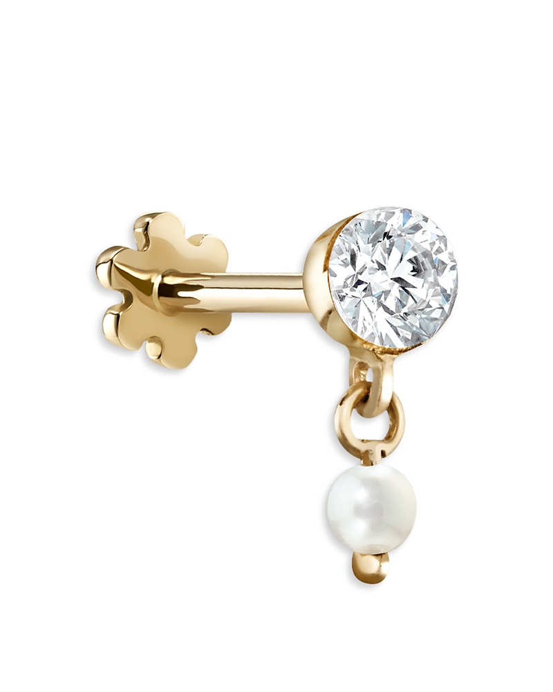 Maria Tash 18ct 3mm Invisible Set Diamond And Pearl Dangle Single Threaded Stud Earring In White/gold