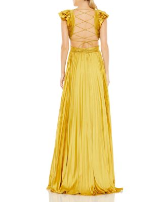 Pleated Ruffled Cap Sleeve Cut Out Lace Up Gown