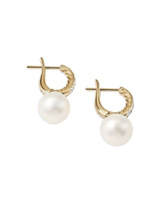 18K Yellow Gold Cultured Freshwater Pearl & Diamond Dangle Hoop Earrings