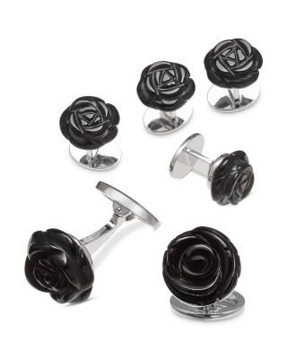 Carved Rose Sterling Silver & Black Onyx Stud & Cufflink Set