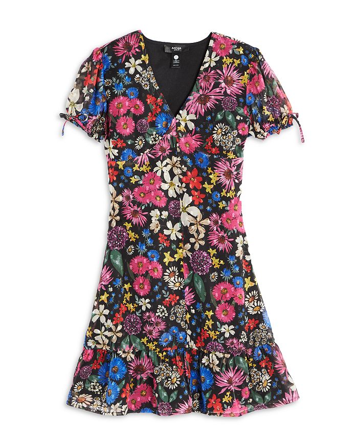 AQUA - Girls' Floral Print Tie Sleeve Midi Dress, Big Kid - 100% Exclusive