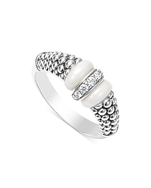 Shop Lagos Ceramic & Sterling Silver White Caviar Diamond Stacking Ring In White/silver