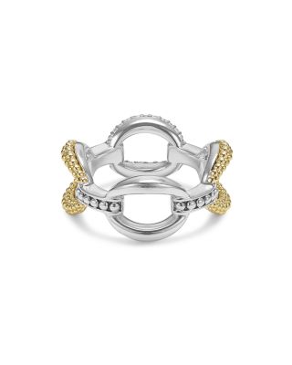 18K Yellow Gold & Sterling Silver Caviar Lux Large Diamond Oval Link Eternity Band Ring