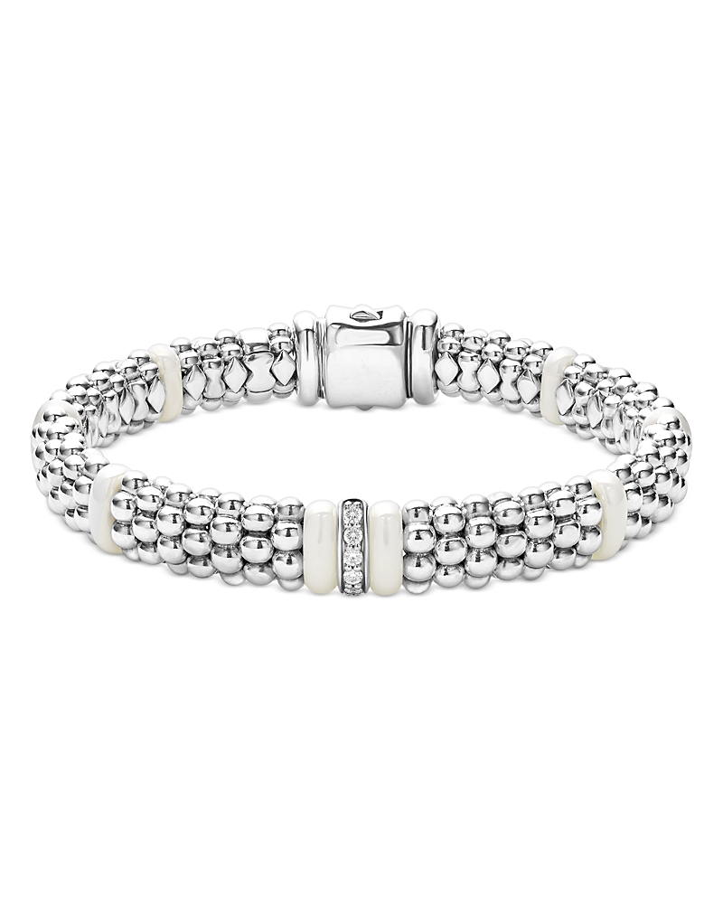 Lagos Sterling Silver And Gold White Caviar White Ceramic Diamond Link Bracelet In Silver/white