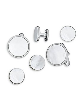 LINK UP - Classic Round Mother Of Pearl Stud & Cufflink Set