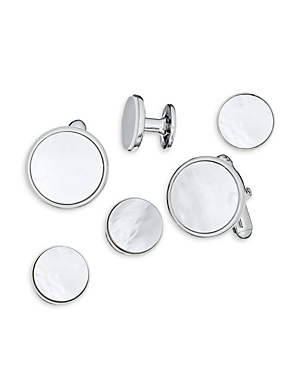 Shop Link Up Classic Round Mother Of Pearl Stud & Cufflink Set In Silver
