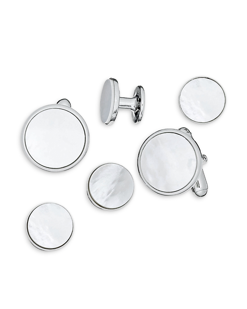 Link Up Men's Rhodium-plated Brass & Mother-of-pearl 6-piece Stud & Cuff Links Set In Silver