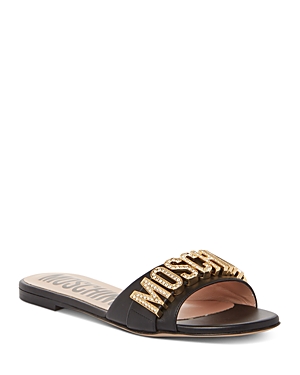Shop Moschino Women's Logo Hardware Slip On Slide Sandals In Black/gold