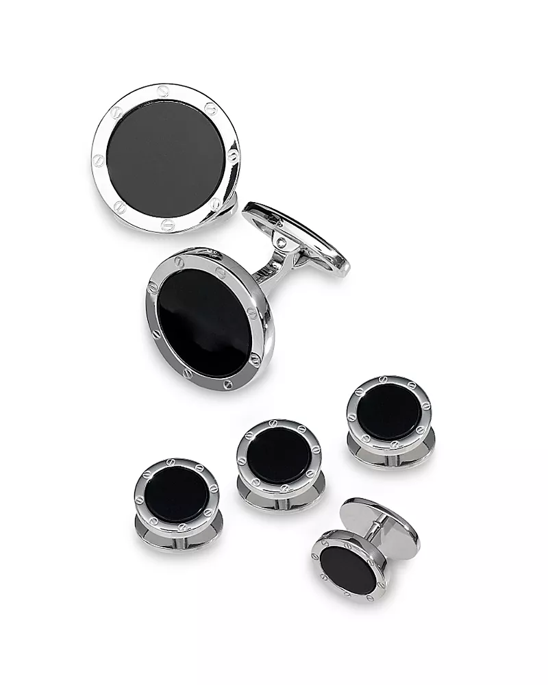 Jan Leslie Round Rivet Etched Sterling Silver & Onyx Stud & Cufflink Set