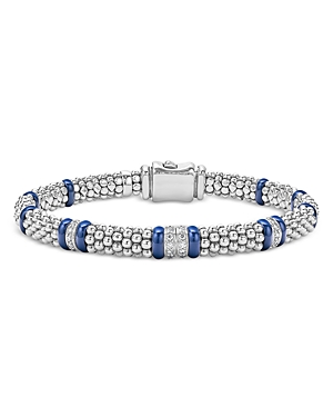 Shop Lagos Four Station Diamond Blue Caviar Bracelet In Sterling Silver In Blue/silver