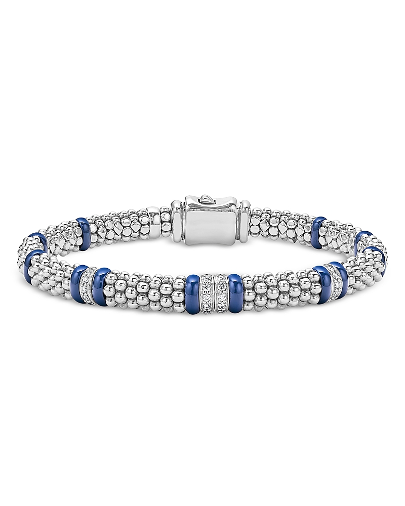 Lagos Four Station Diamond Blue Caviar Bracelet In Sterling Silver In Blue/silver