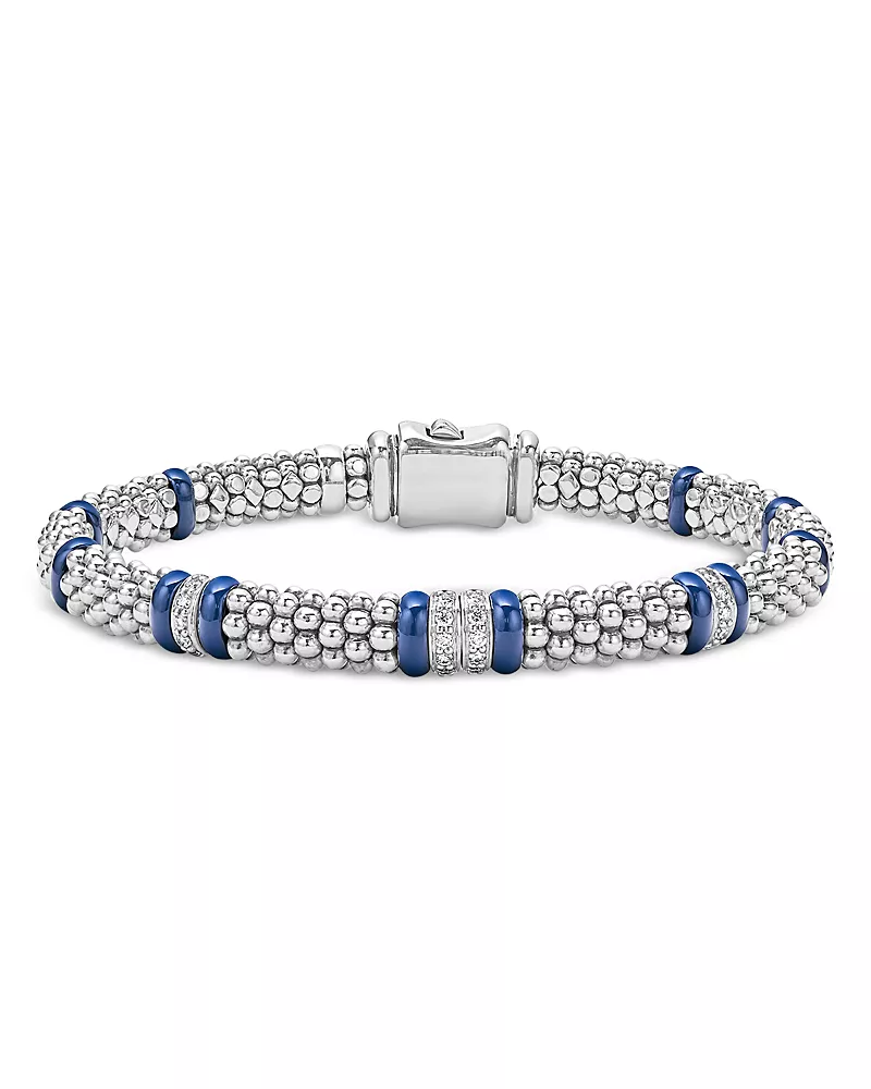 Lagos Four Station Diamond Blue Caviar Bracelet in Sterling Silver