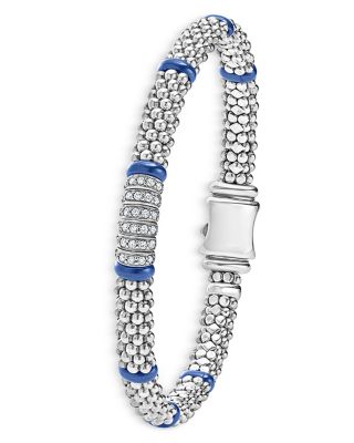 Six Station Diamond Blue Caviar Bracelet in Sterling Silver