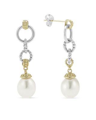 18k Gold & Sterling Silver Two Tone Luna Cultured Pearl Circle Drop Earrings 