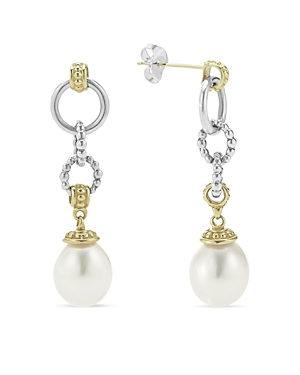 Shop Lagos 18k Gold & Sterling Silver Two Tone Luna Cultured Pearl Circle Drop Earrings In White/gold