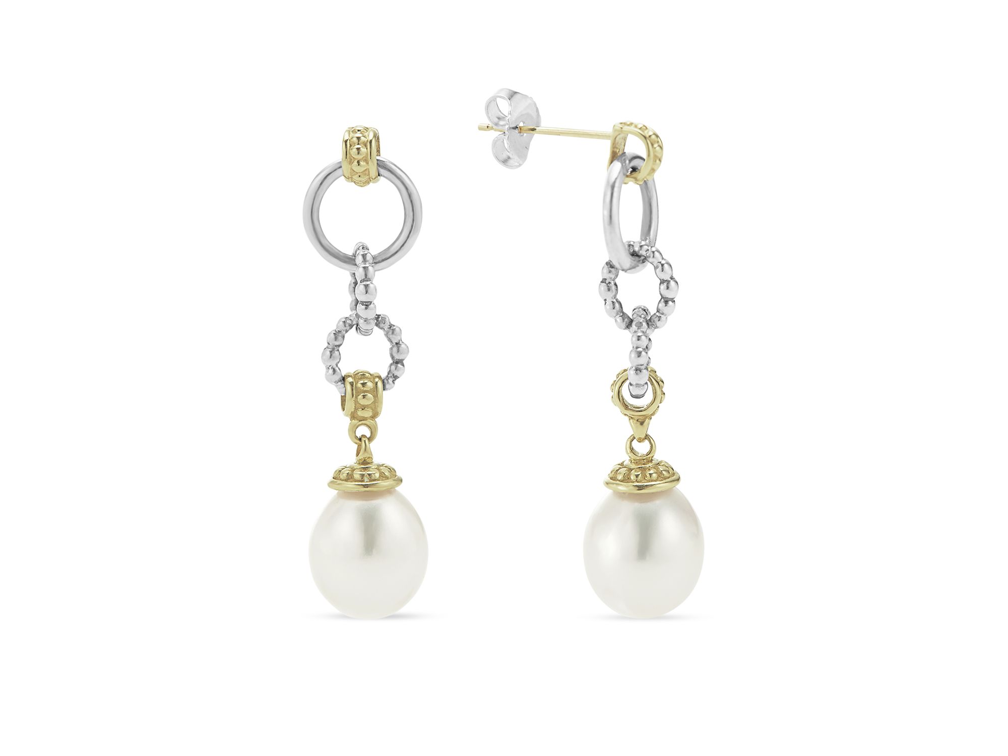 18k Gold & Sterling Silver Two Tone Luna Cultured Pearl Circle Drop Earrings - Image 1